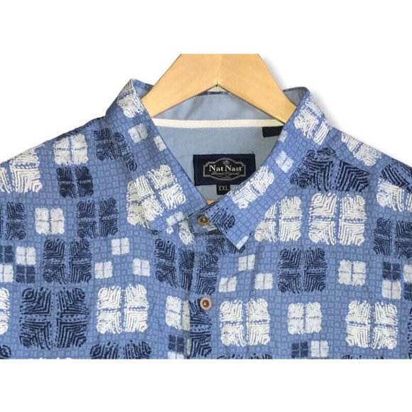 Nat Nast Men's Sz XXL Blue/White Silk/Cotton Geometric Button Front Pocket Shirt - Picture 2 of 5